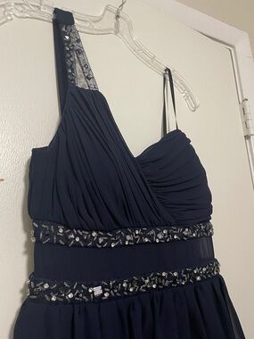 Jodi Kristopher Size 7 Navy Blue One Shoulder mini Dress bridesmaid rhinestone